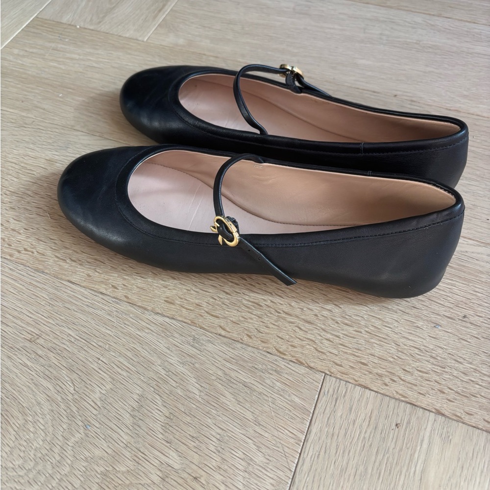 Gianvito Rossi Black Leather Mary Jane Flats with Gold Buckles
